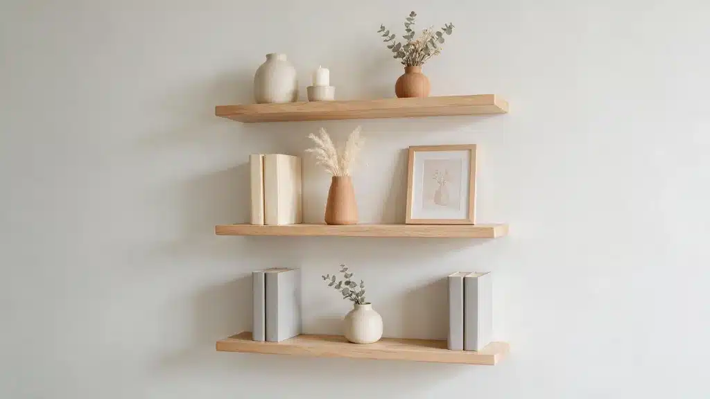 A minimalist wooden floating shelves styled with books ceramic vases a candle and framed art.