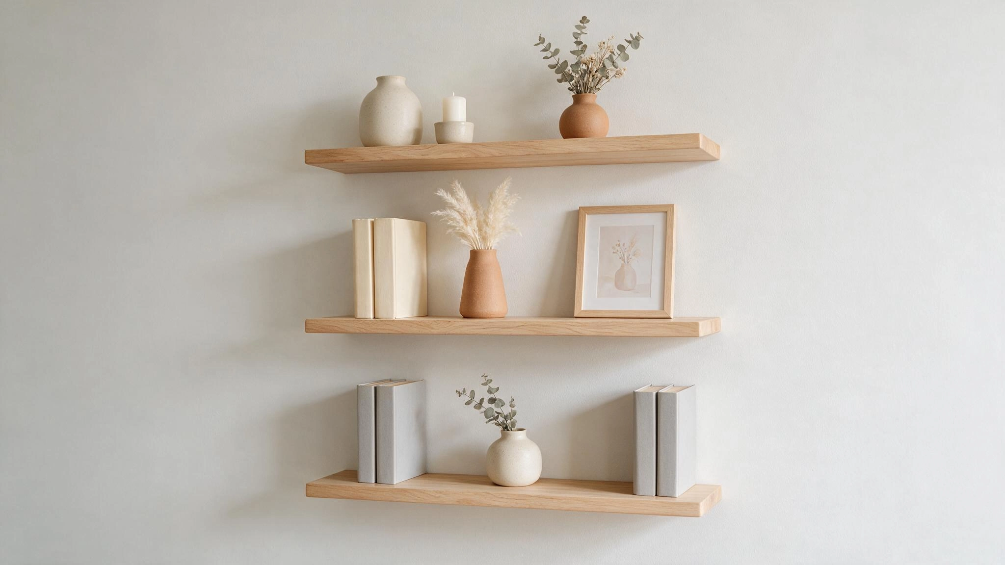 A minimalist wooden floating shelves styled with books ceramic vases a candle and framed art.