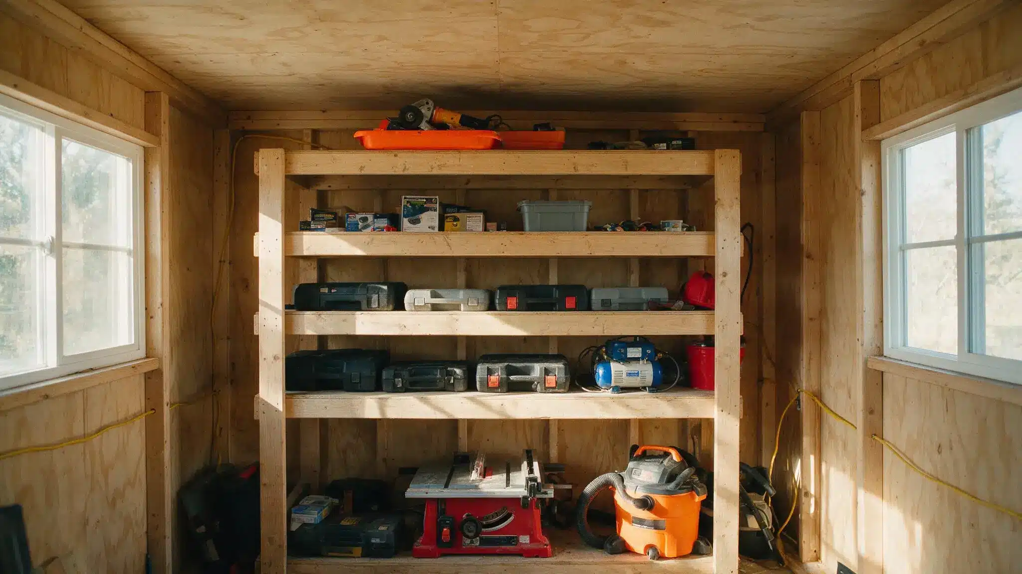 DIY garage storage shelves holding tool cases power tools a table saw and a shop vacuum