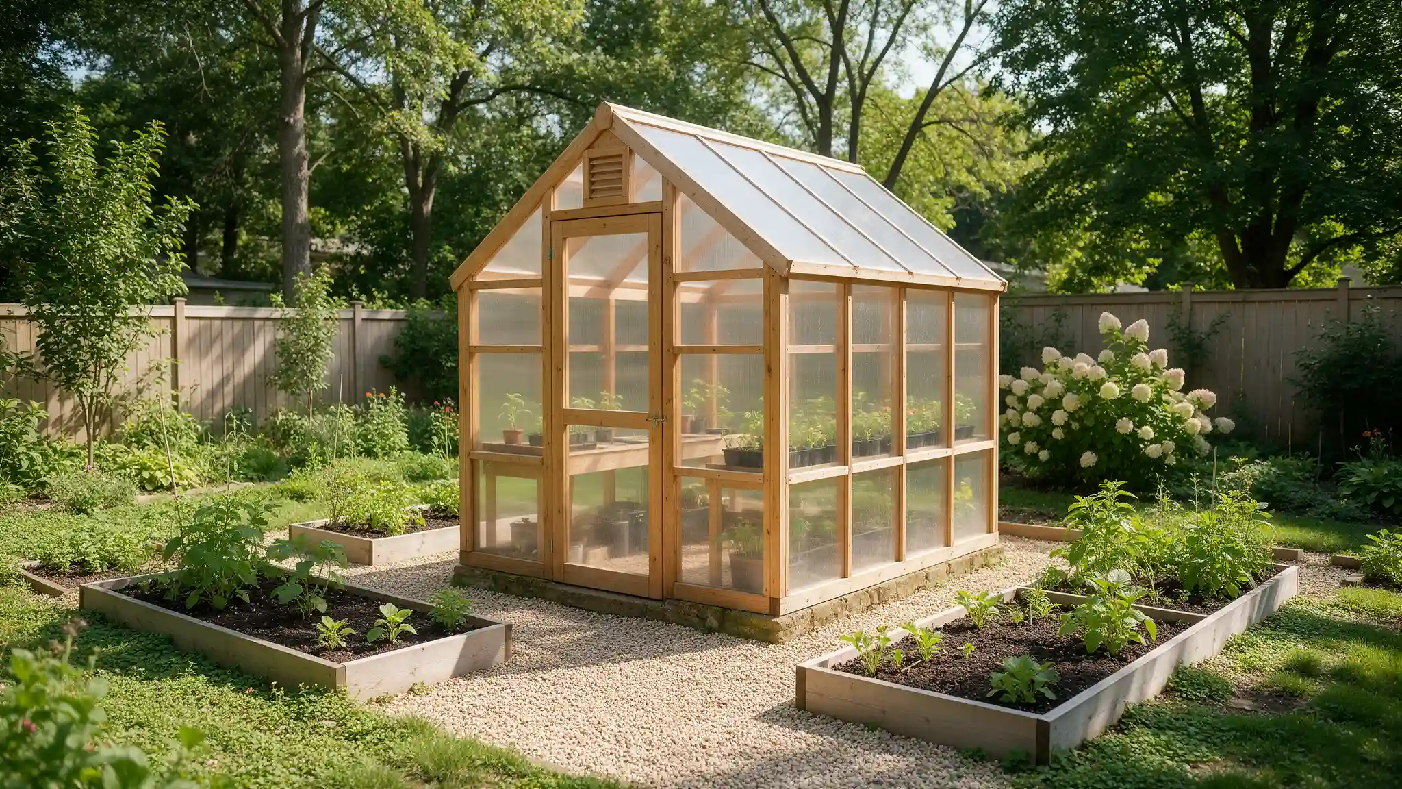A small wooden greenhouse stands among raised garden beds in a fenced backyard, surrounded by trees, plants, and white flowering shrubs.