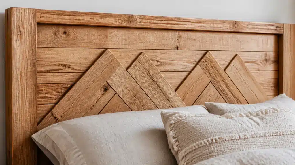 Close-up of a rustic wooden bed headboard with geometric chevron detailing behind white pillows and a textured cream blanket.