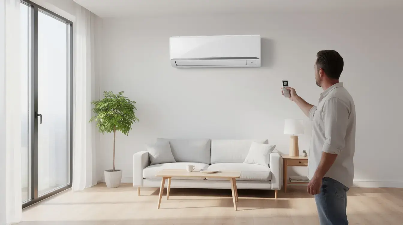 Man adjusting wall-mounted air conditioner in bright living room with white sofa and potted plant