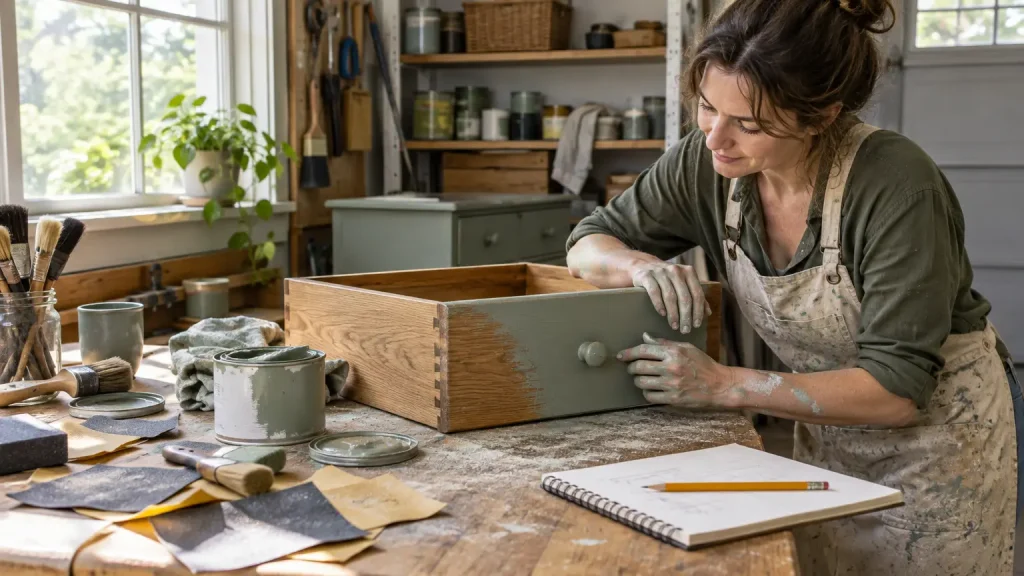 Woman painting wooden drawer green in a sunlit workshop with paint supplies and a sketchpad