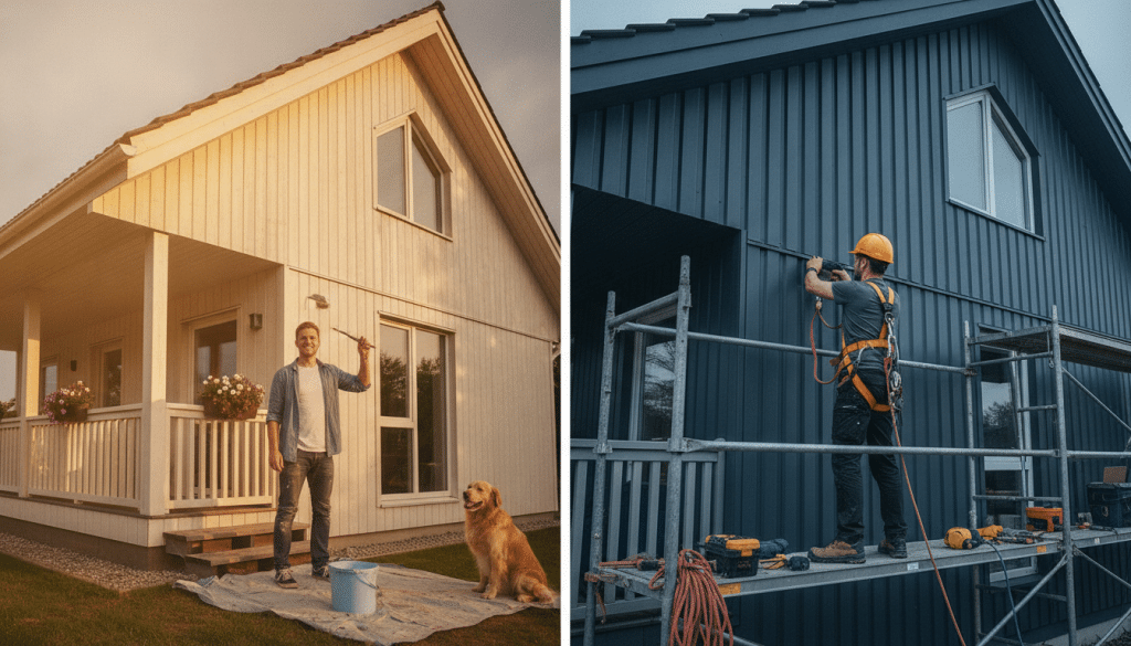 Man painting yellow house exterior with dog nearby; worker installing siding on blue house with scaffolding