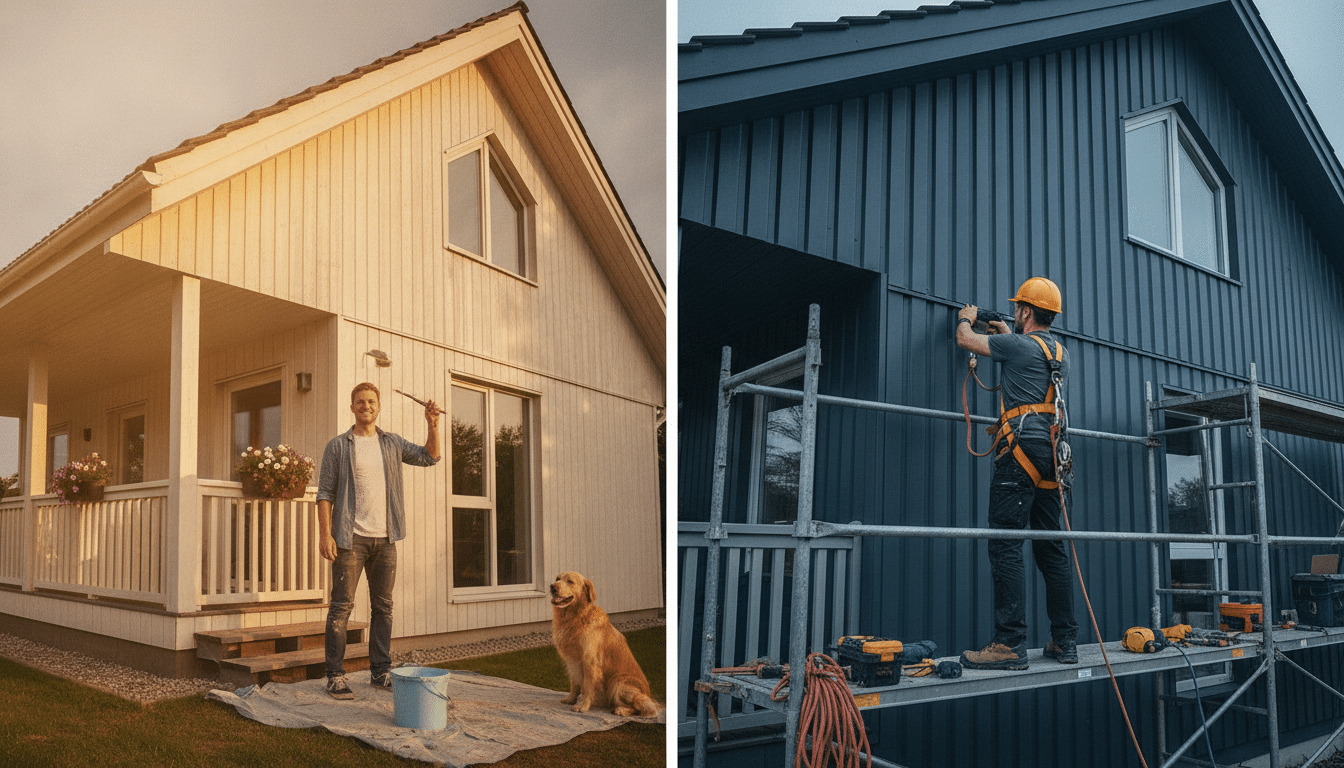 Man painting yellow house exterior with dog nearby; worker installing siding on blue house with scaffolding