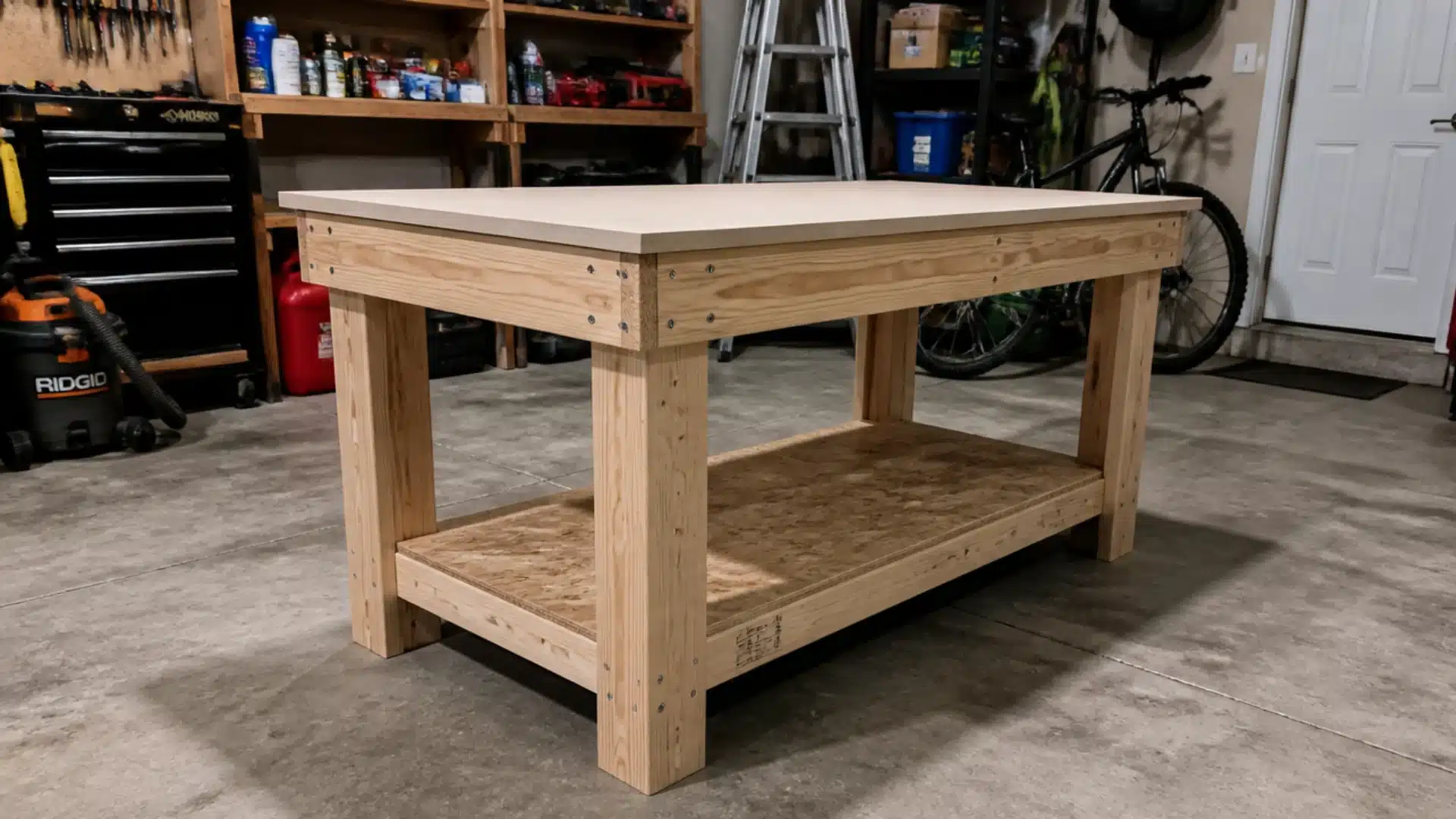 DIY wooden workbench with sturdy frame smooth top and large lower storage shelf in a garage.