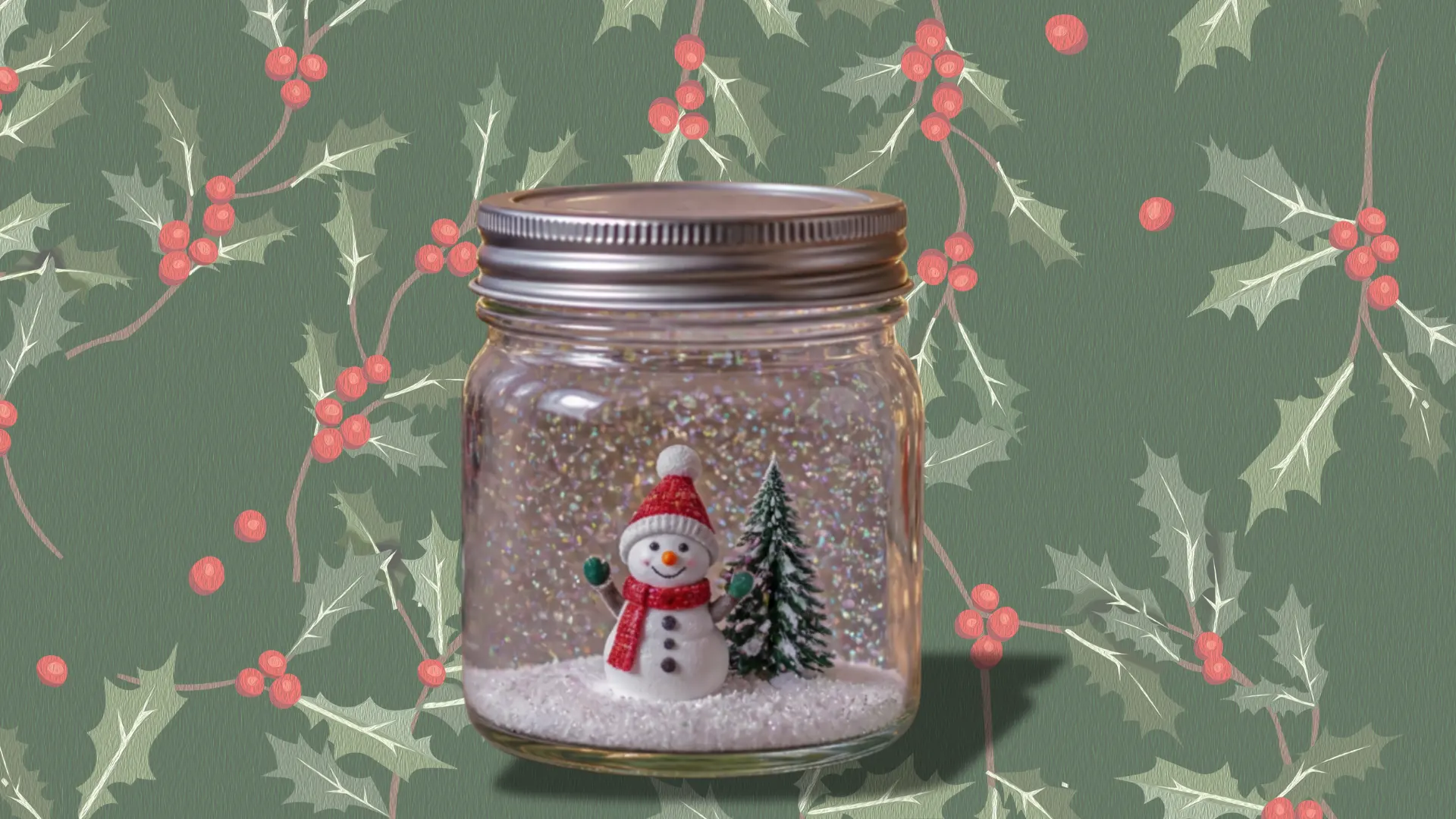 Snow globe jar with a snowman and Christmas tree surrounded by glitter against a festive holly background