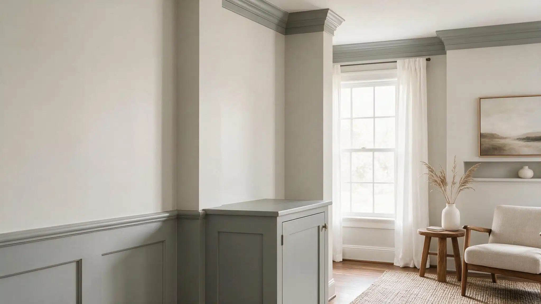 Agreeable Gray walls with Dorian Gray paneling and trim neutral furniture warm wood accents and bright natural light