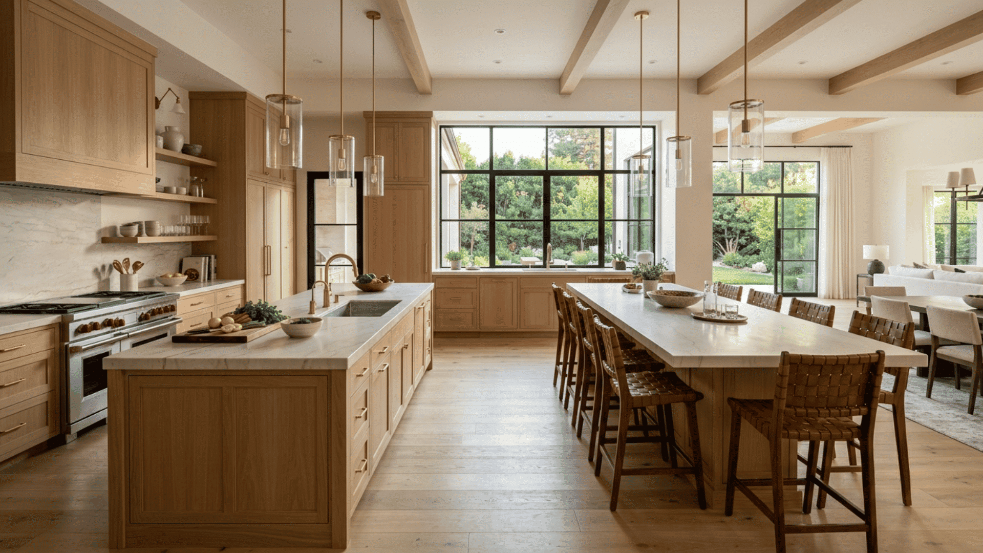 spacious wood kitchen with two large islands, pale stone counters, pendant lights, and wide windows