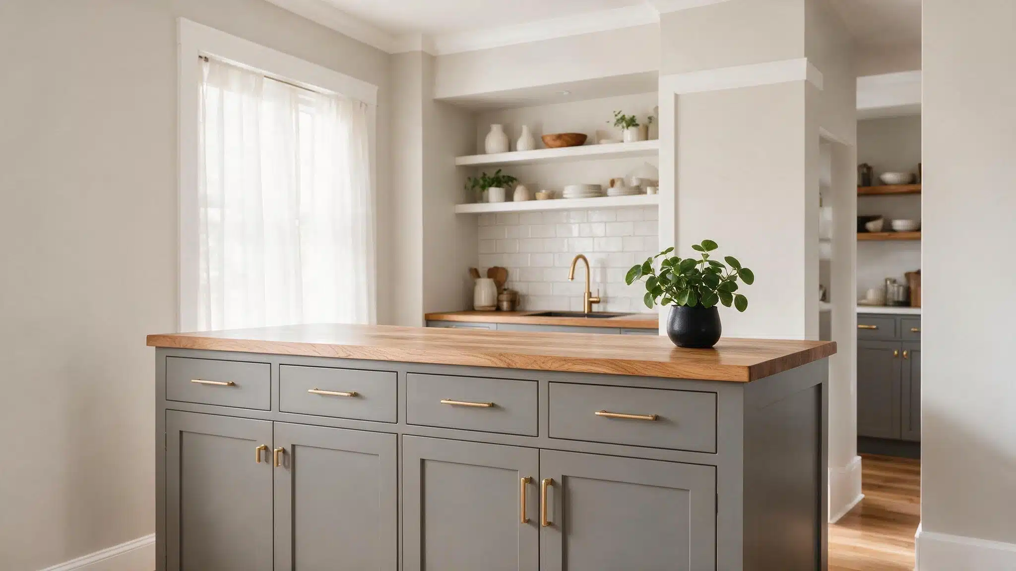 Agreeable Gray kitchen with Dovetail island cabinetry warm wood countertop brass hardware white trim and soft natural light