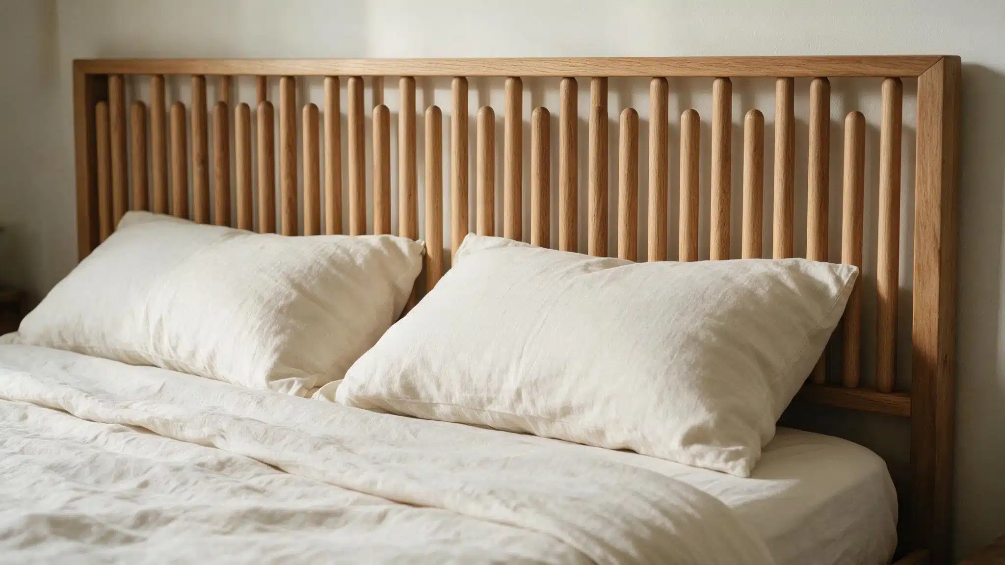 Wooden dowel headboard with evenly spaced vertical rods behind soft white pillows