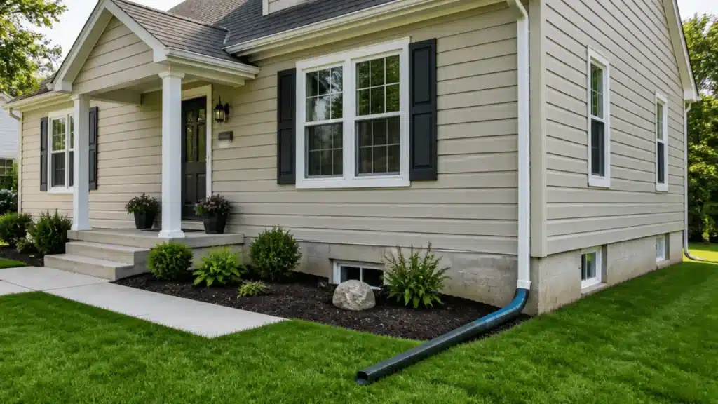 Beige-sided suburban house with black shutters, a covered entry, landscaped flower beds, and a downspout extending across the lawn.