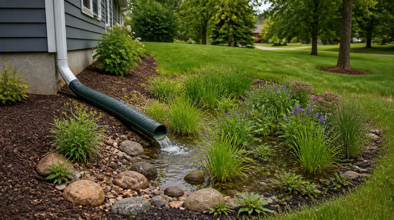 A house downspout drains into a rock-lined stream garden with grasses and purple flowers beside a lawn.