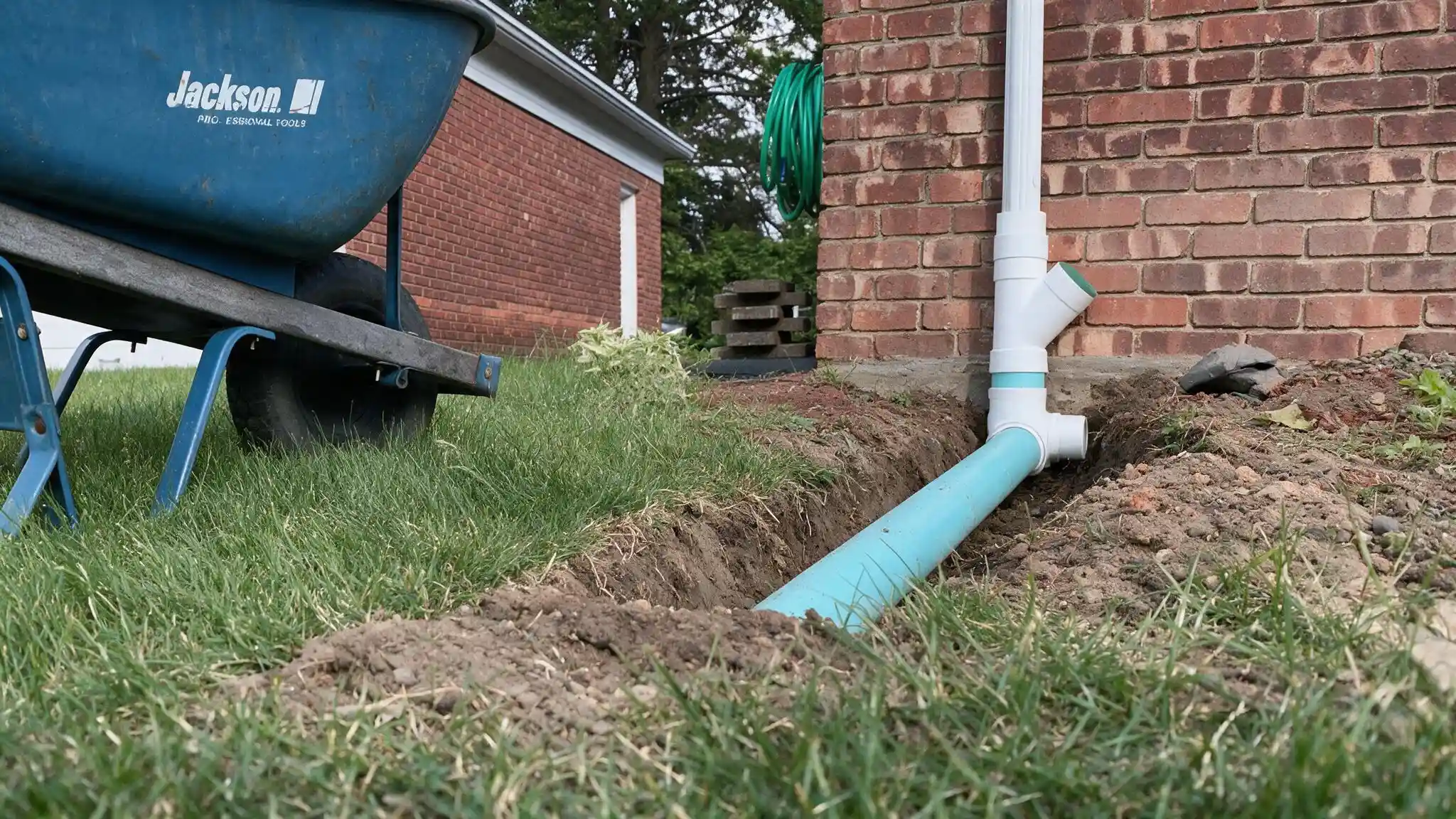 A blue Jackson wheelbarrow sits beside a brick house, with a turquoise drainage pipe being buried in a trench.