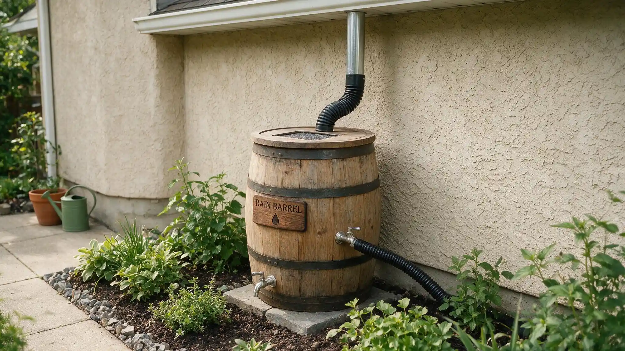 Wooden rain barrel connected to a house downspout with an overflow hose beside a garden bed