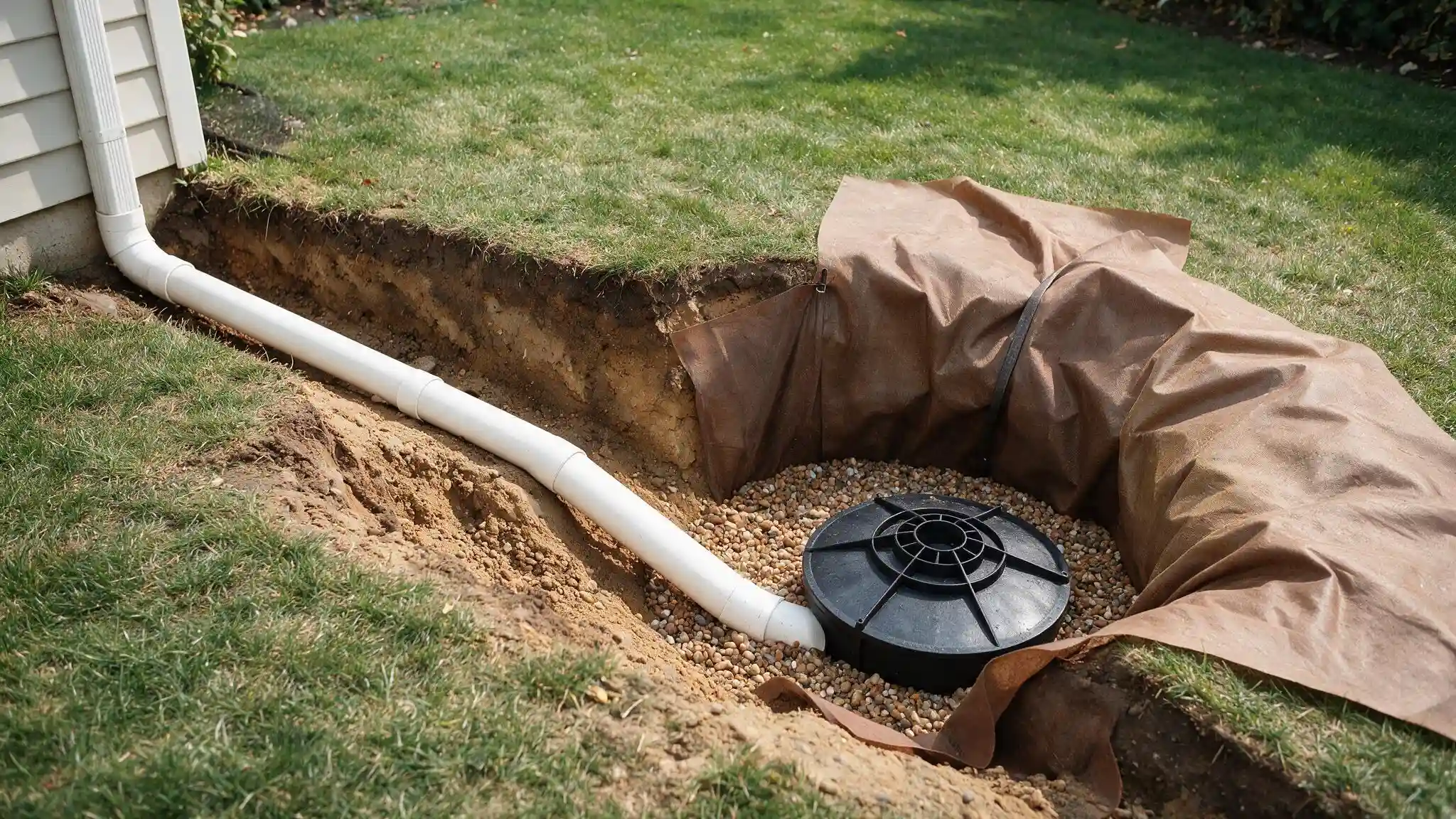 A white downspout extends into a gravel-filled trench beside a house, with a black drainage cover and brown fabric liner.