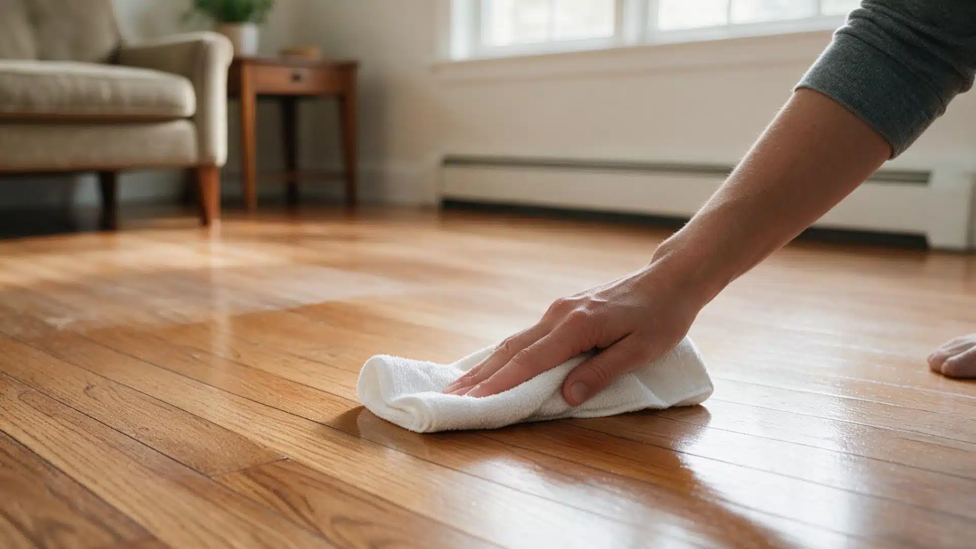 Hand drying a freshly cleaned hardwood floor with a soft white microfiber cloth