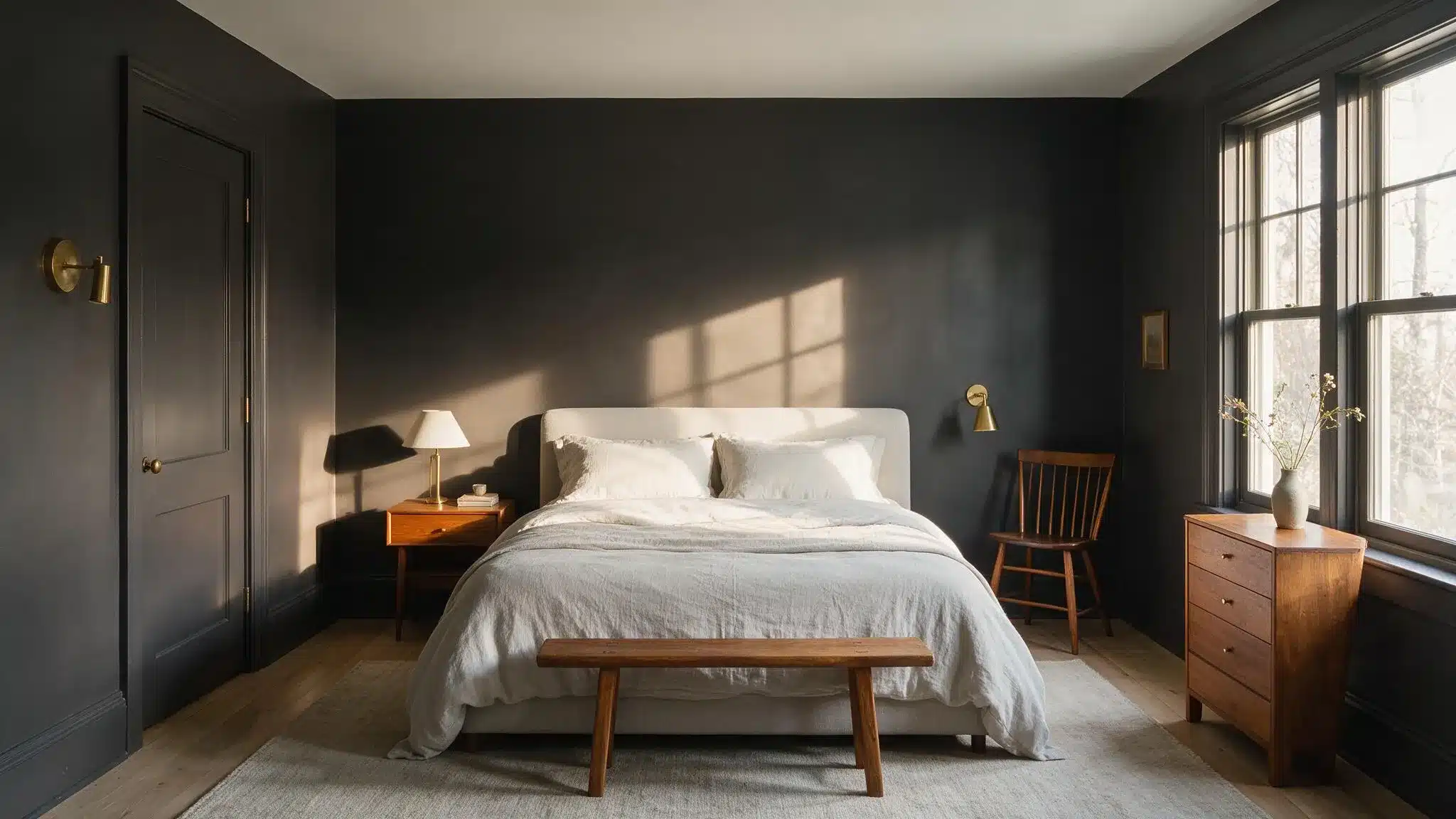 A cozy bedroom featuring dark walls and a neatly made bed, creating an intimate atmosphere.