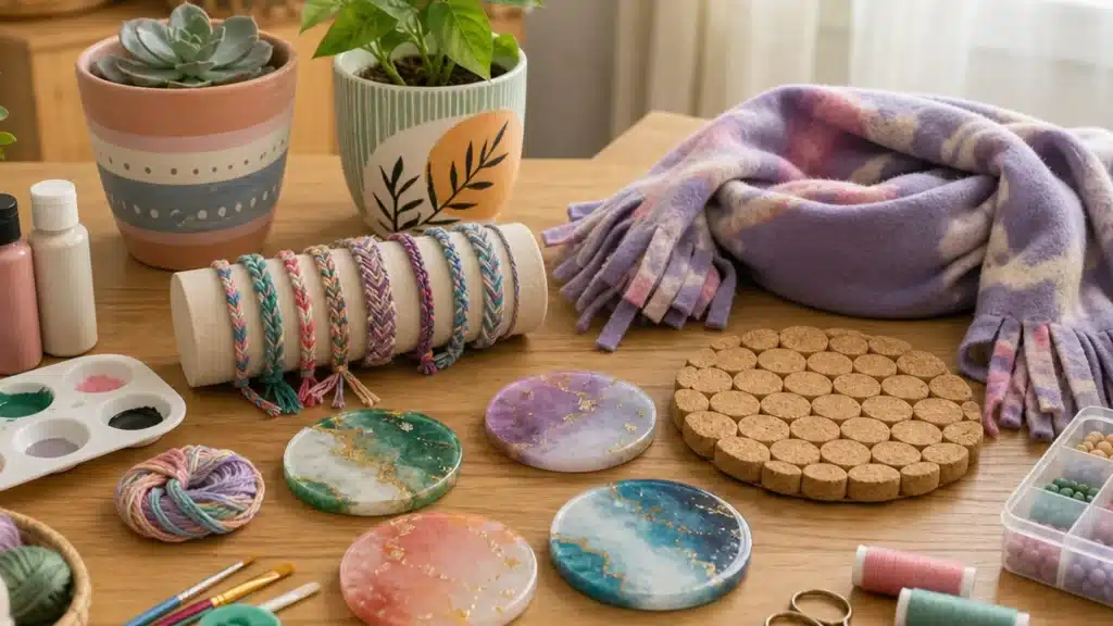 Assorted easy adult crafts including painted planters bracelets fleece scarf resin coasters and a wine cork trivet.