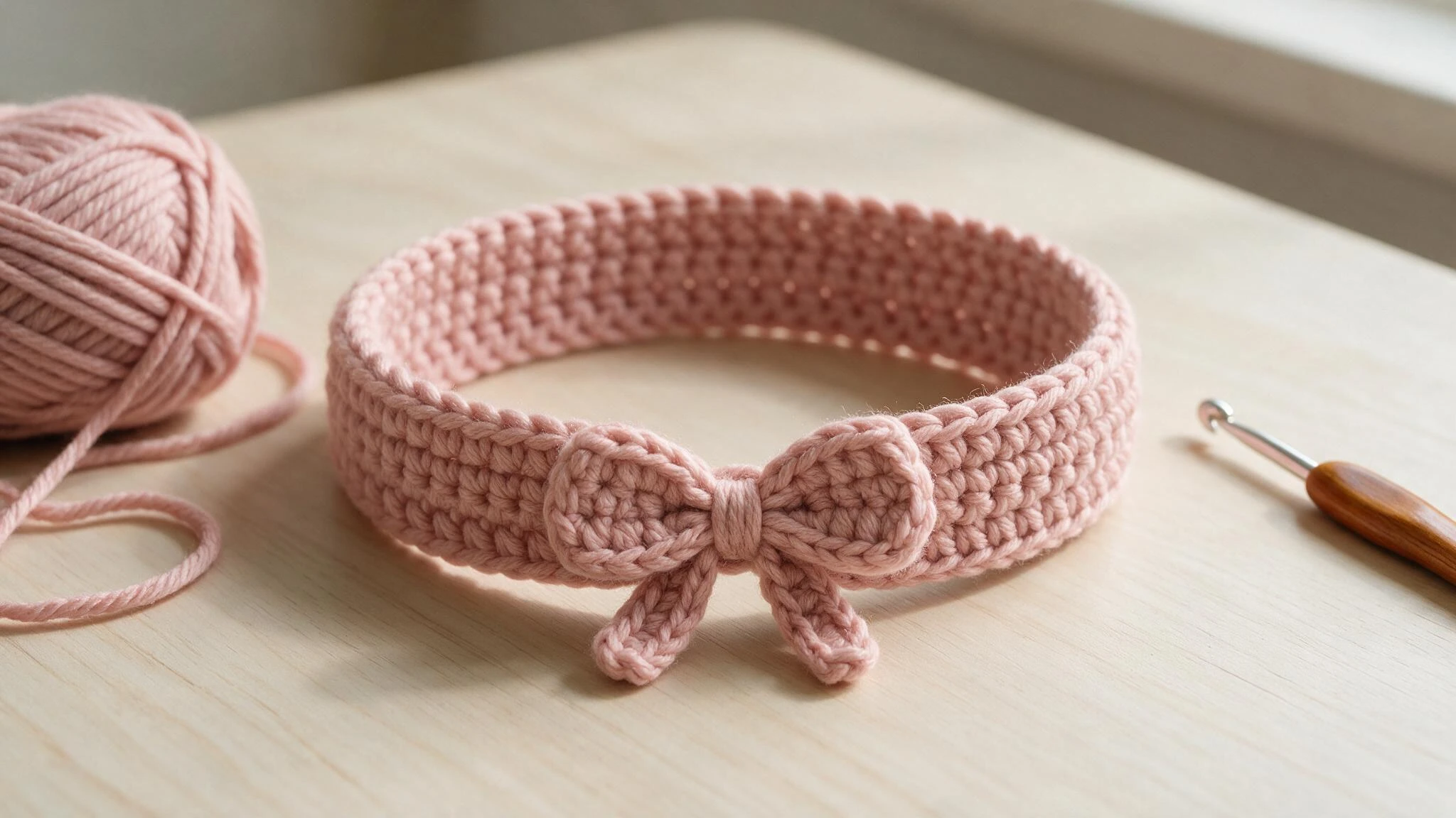 A handmade crochet bow headband in pastel colors, featuring a large bow at the center, ideal for children or adults.