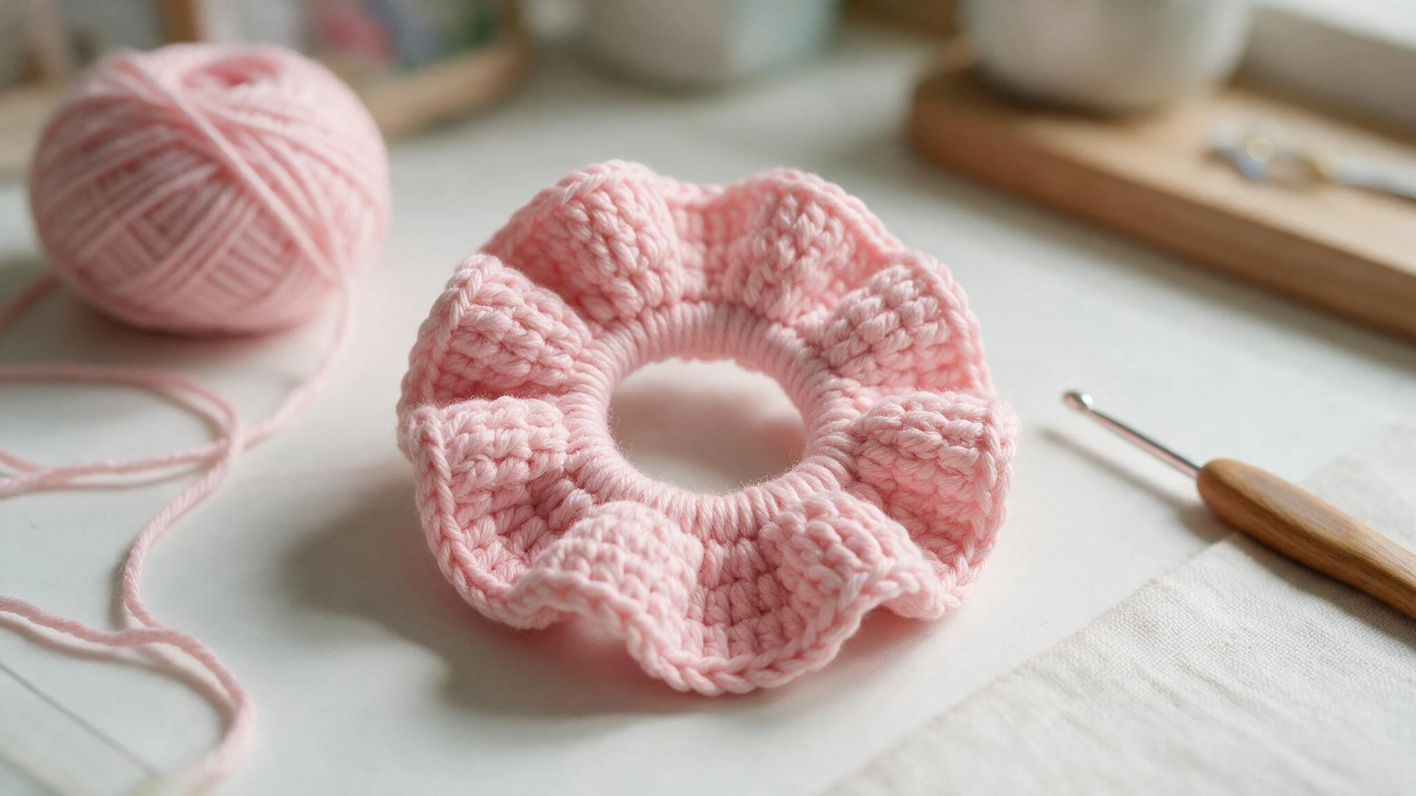 A pink crochet flower placed beside a crochet hook on a neutral background.