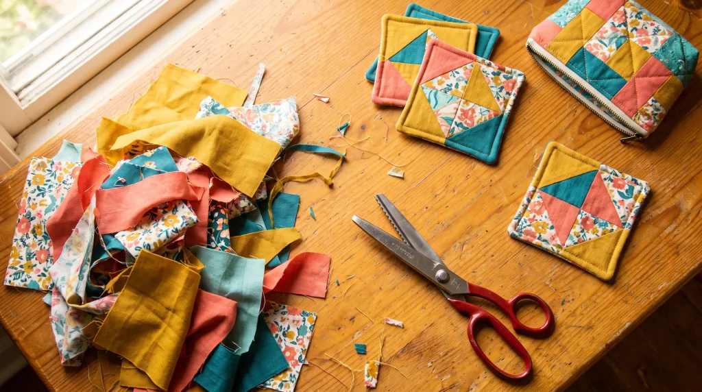 Patchwork fabric pieces and scissors on wooden table near quilted coasters
