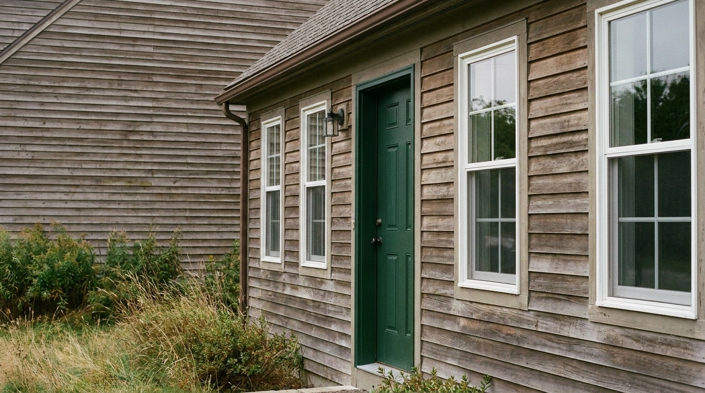 Wooden house exterior with green door and white-framed windows, surrounded by overgrown grass and shrubs