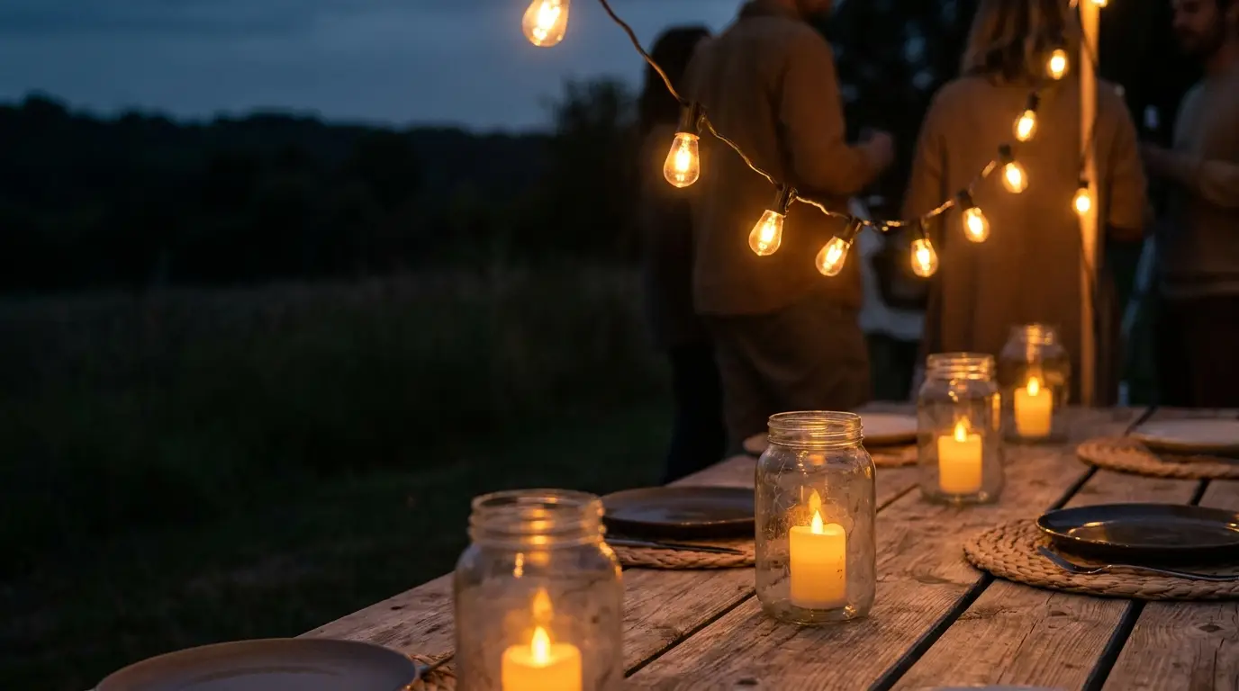Candles in glass jars on wooden table with string lights and people in background at dusk