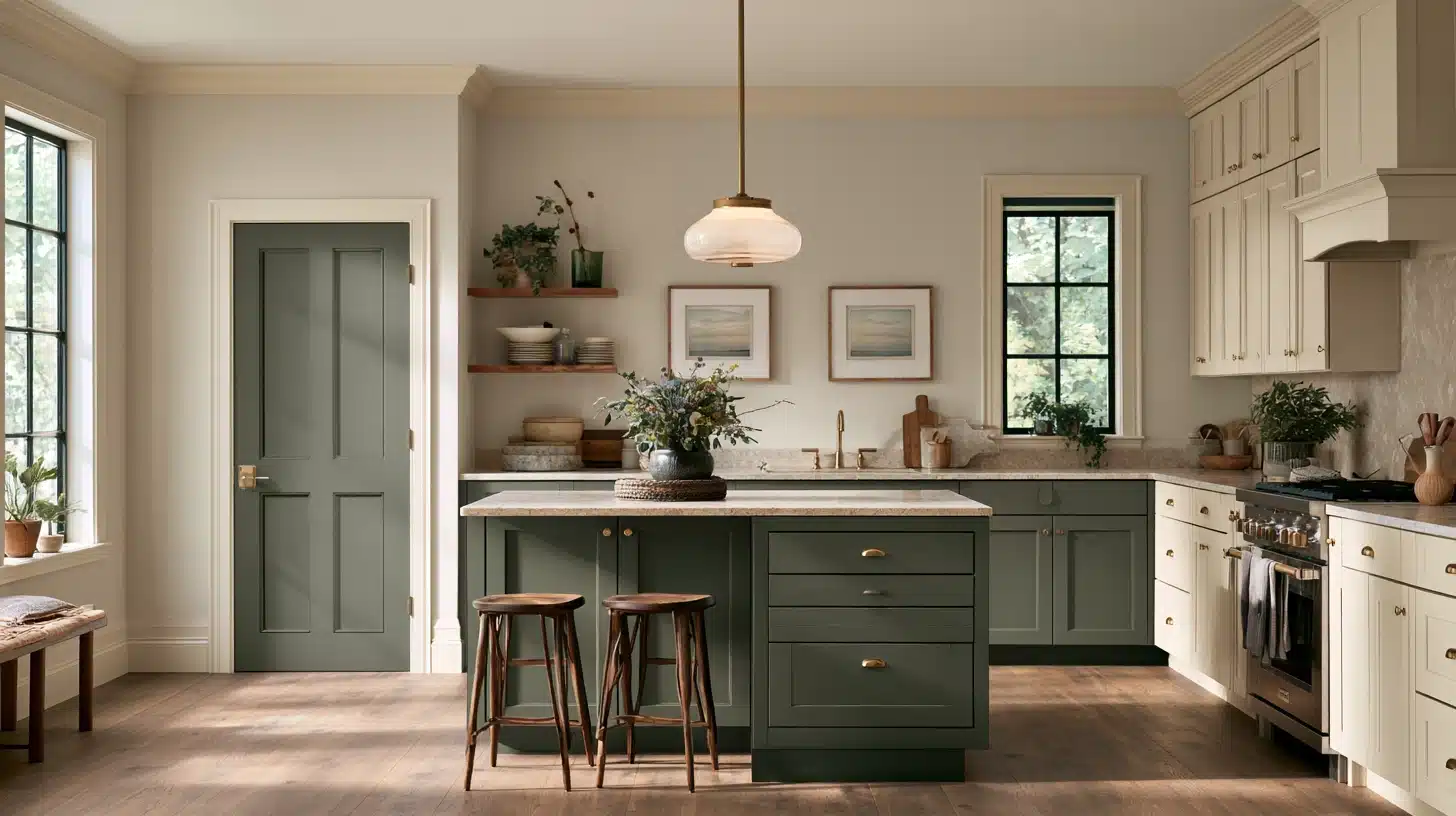 A spacious kitchen with green and cream cabinets, a central island with two stools, a gray door, windows, and pendant lighting.