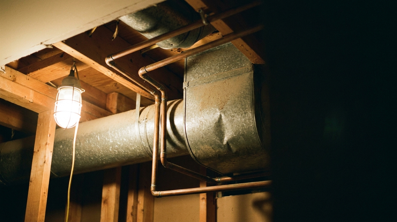 Exposed metal ductwork and copper pipes in a dimly lit unfinished basement ceiling