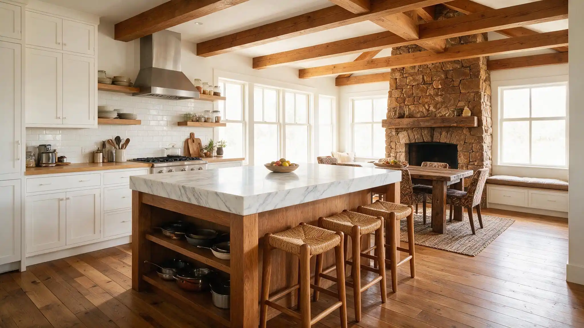 Farmhouse kitchen with white cabinets, exposed wood ceiling beams, a large island, and stone fireplace.