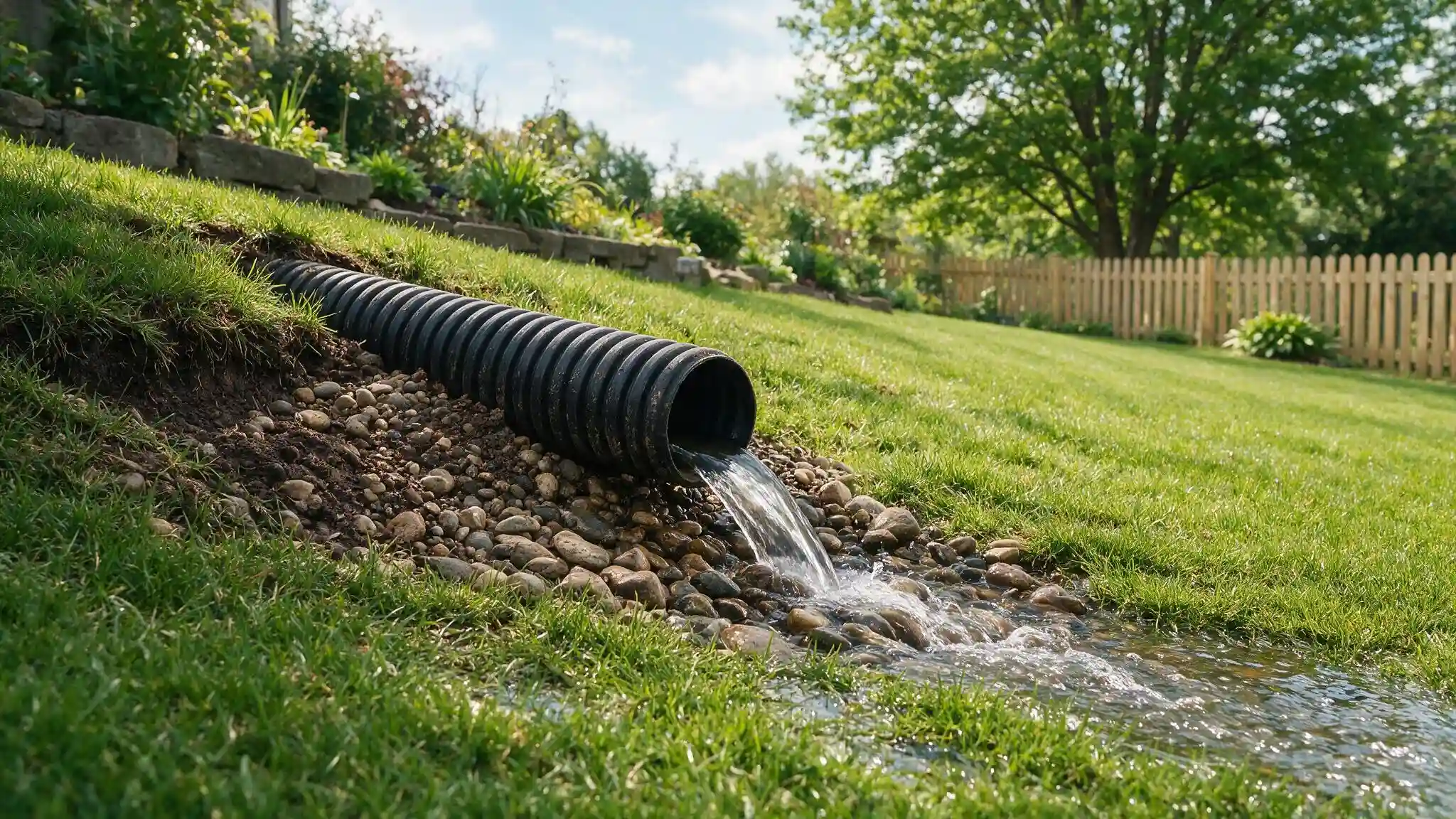 Drainage pipe releases water at a safe downhill outlet across a sloped grassy yard