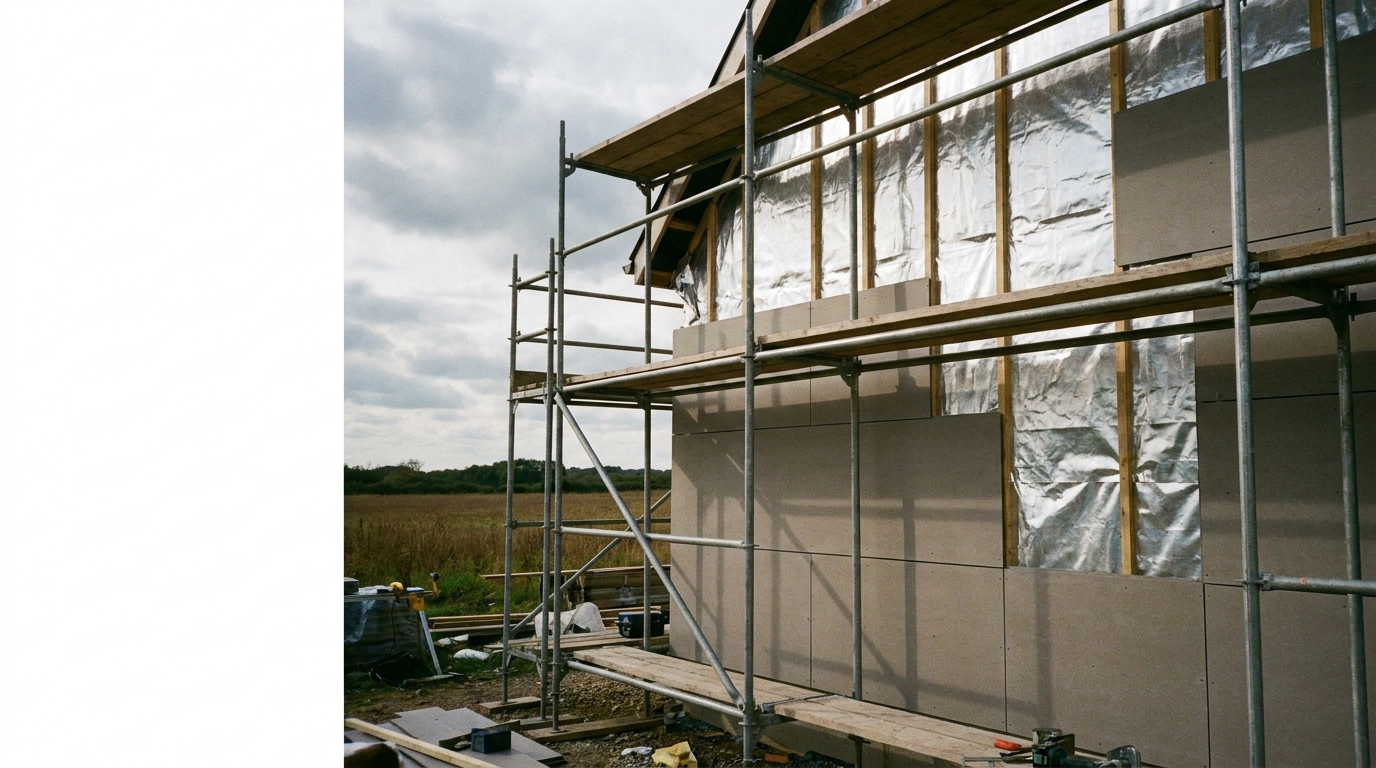Building under construction with scaffolding and insulation panels in rural outdoor setting