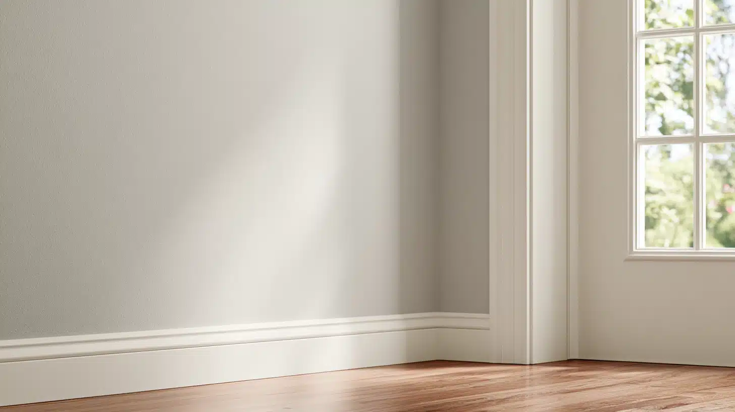 Empty room corner with pale walls, white baseboards, a wood floor, and a window showing green trees outside.