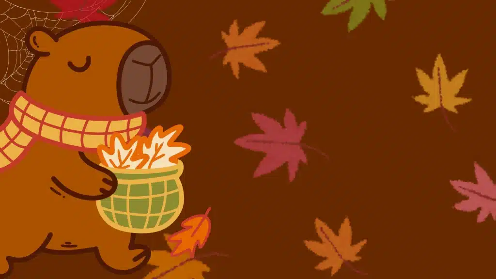 Illustrated bear wearing a plaid scarf carries a basket of autumn leaves against a brown background with colorful falling leaves.