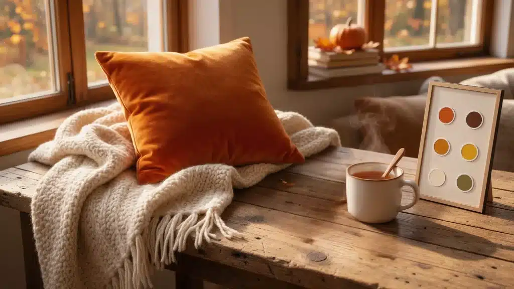 an orange pillow, cream blanket, tea, and color palette frame on a wooden table