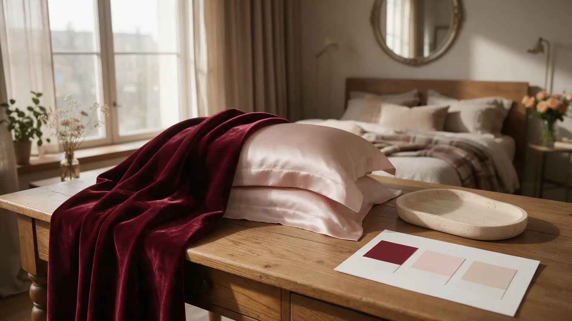 Deep red throw velvet, pink pillows, and a color swatches card on a wooden table