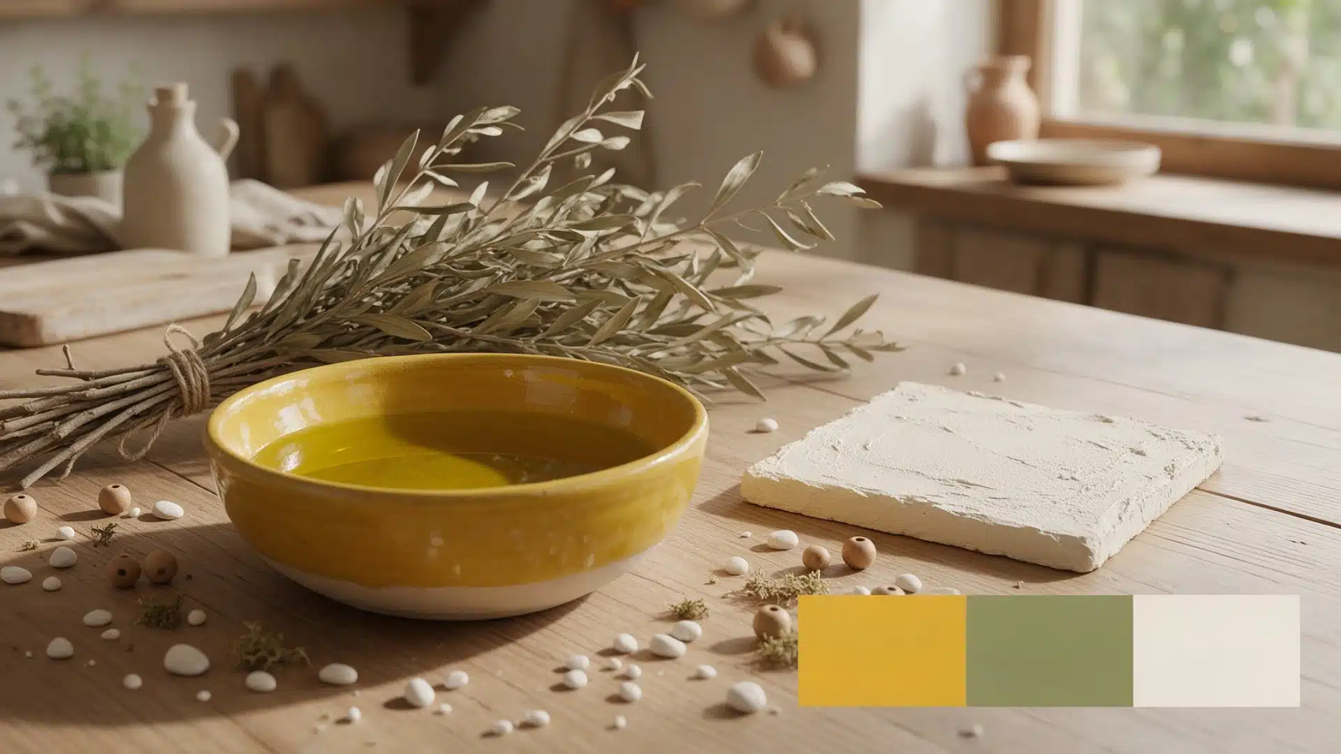 yellow bowl, dried olive branch, and autumn color swatches on a wooden table