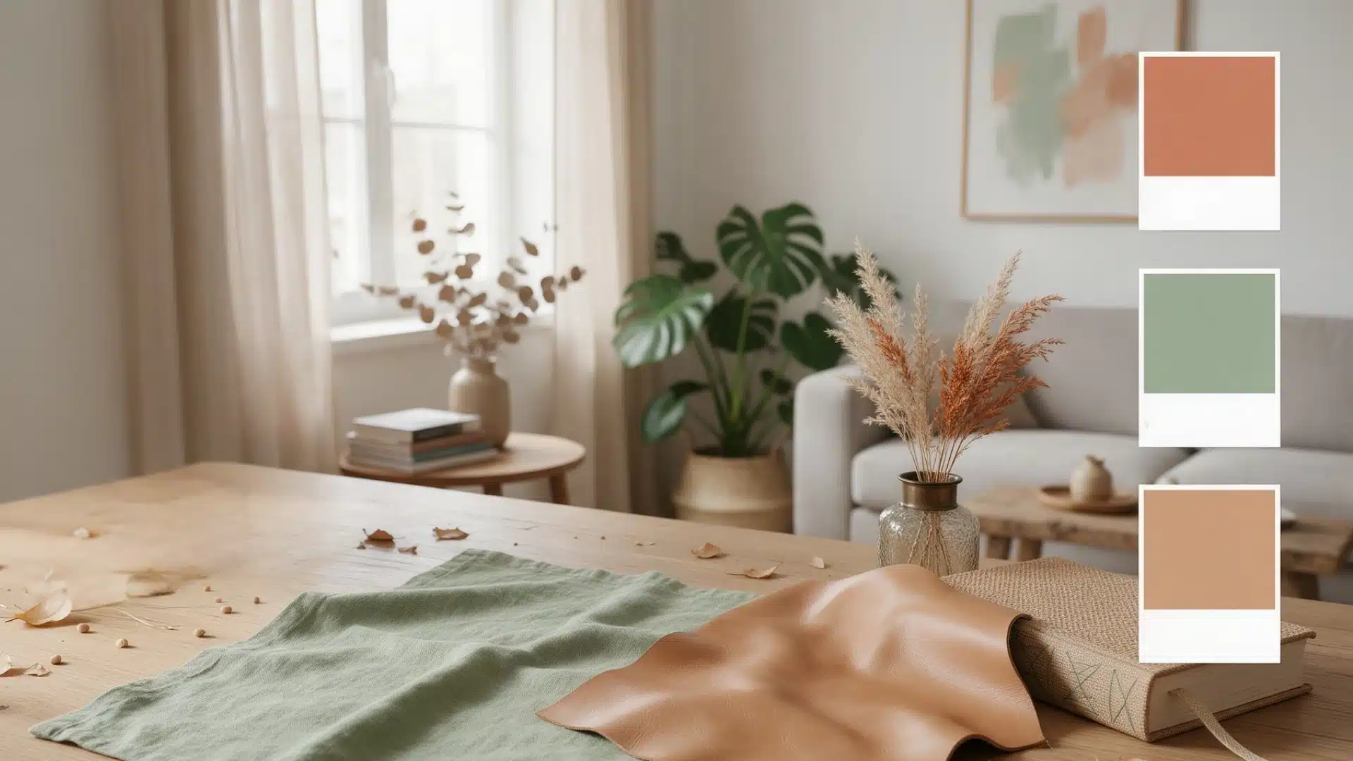 terracotta and sage fabrics on a wooden table with color swatch cards
