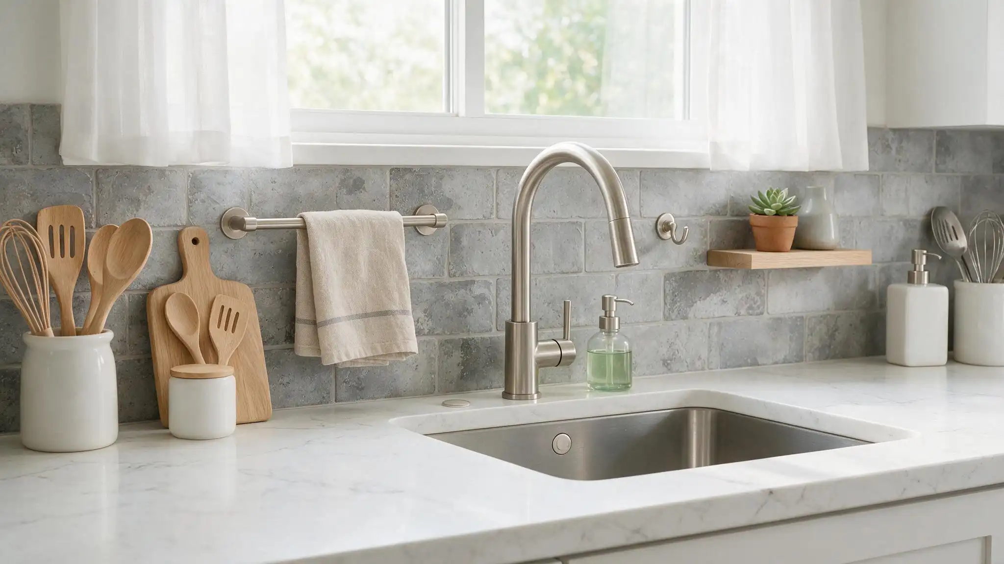 Farmhouse kitchen sink with a stainless steel faucet white countertop gray tile backsplash and open shelving
