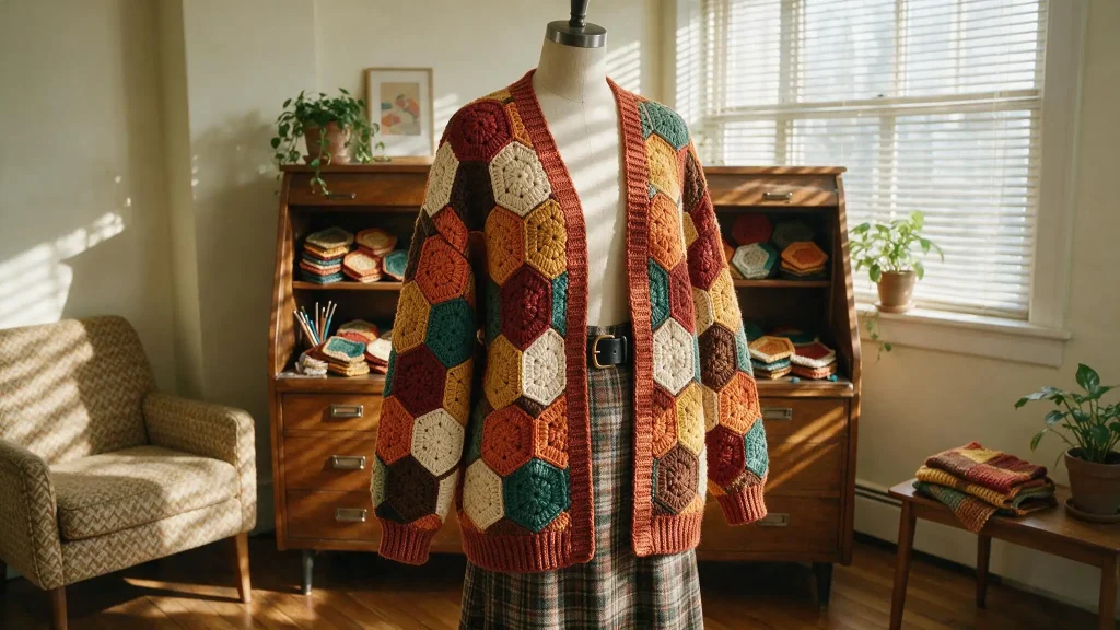 The image features a mannequin adorned in a colorful hexagon cardigan crochet pattern and a fashionable skirt, emphasizing creativity.