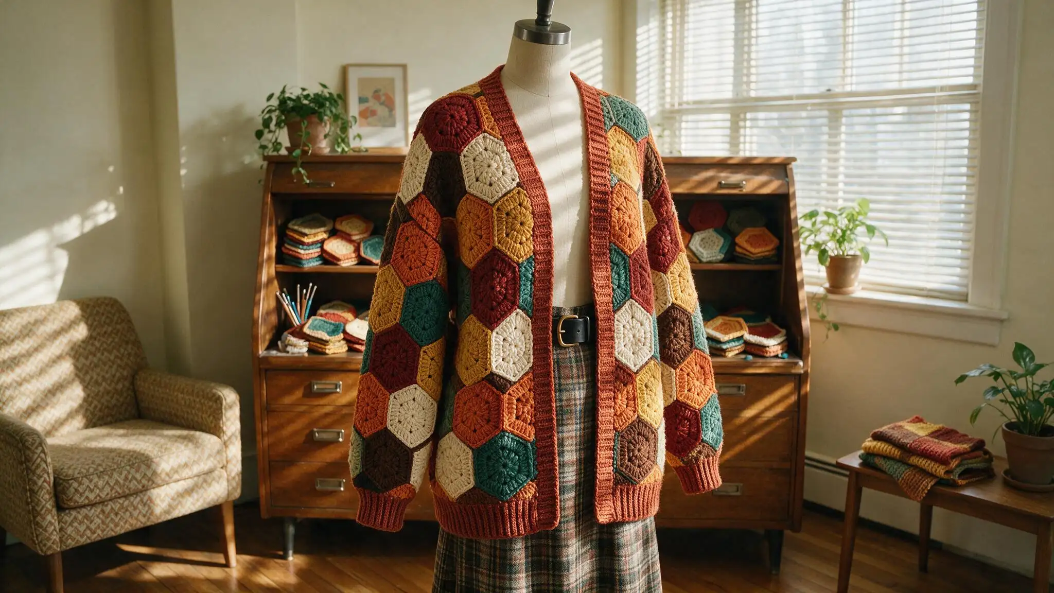 The image features a mannequin adorned in a colorful hexagon cardigan crochet pattern and a fashionable skirt, emphasizing creativity.