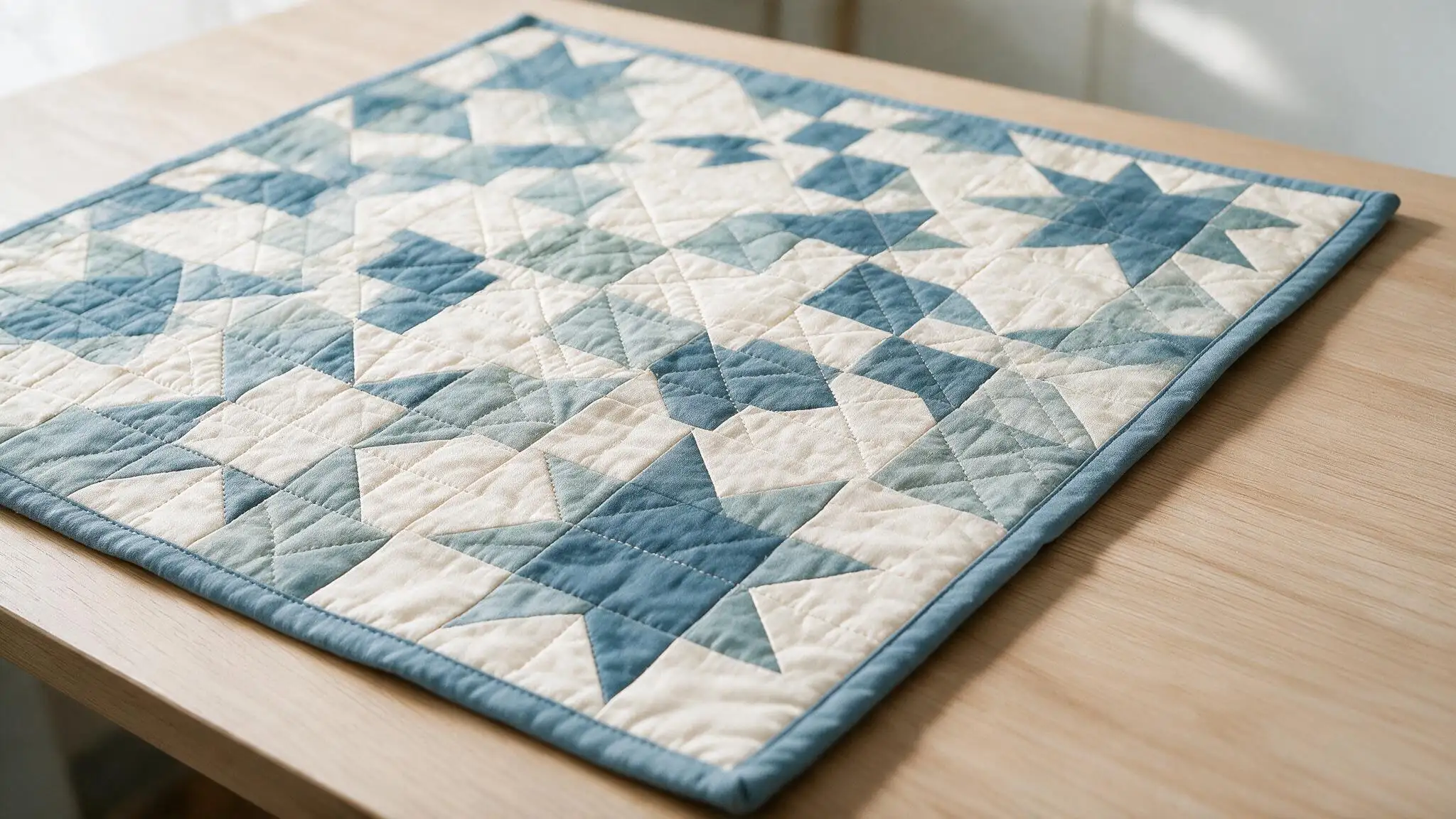 Finished blue and white patchwork quilt with neat blue binding and clean mitered corners laid flat on a wooden table