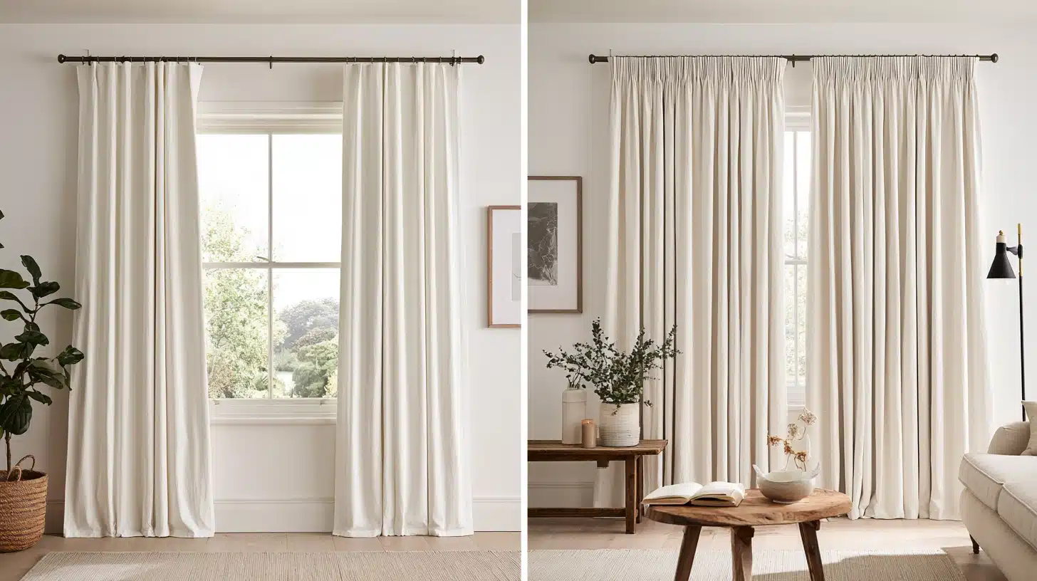Comparison of flat panel curtains and pencil pleat curtains hanging over bright windows