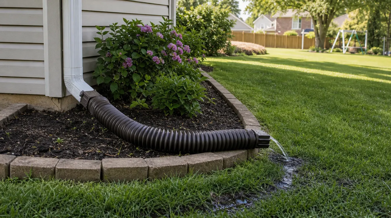 Black corrugated downspout extension drains water from a house into the lawn beside a flower bed and green grass.