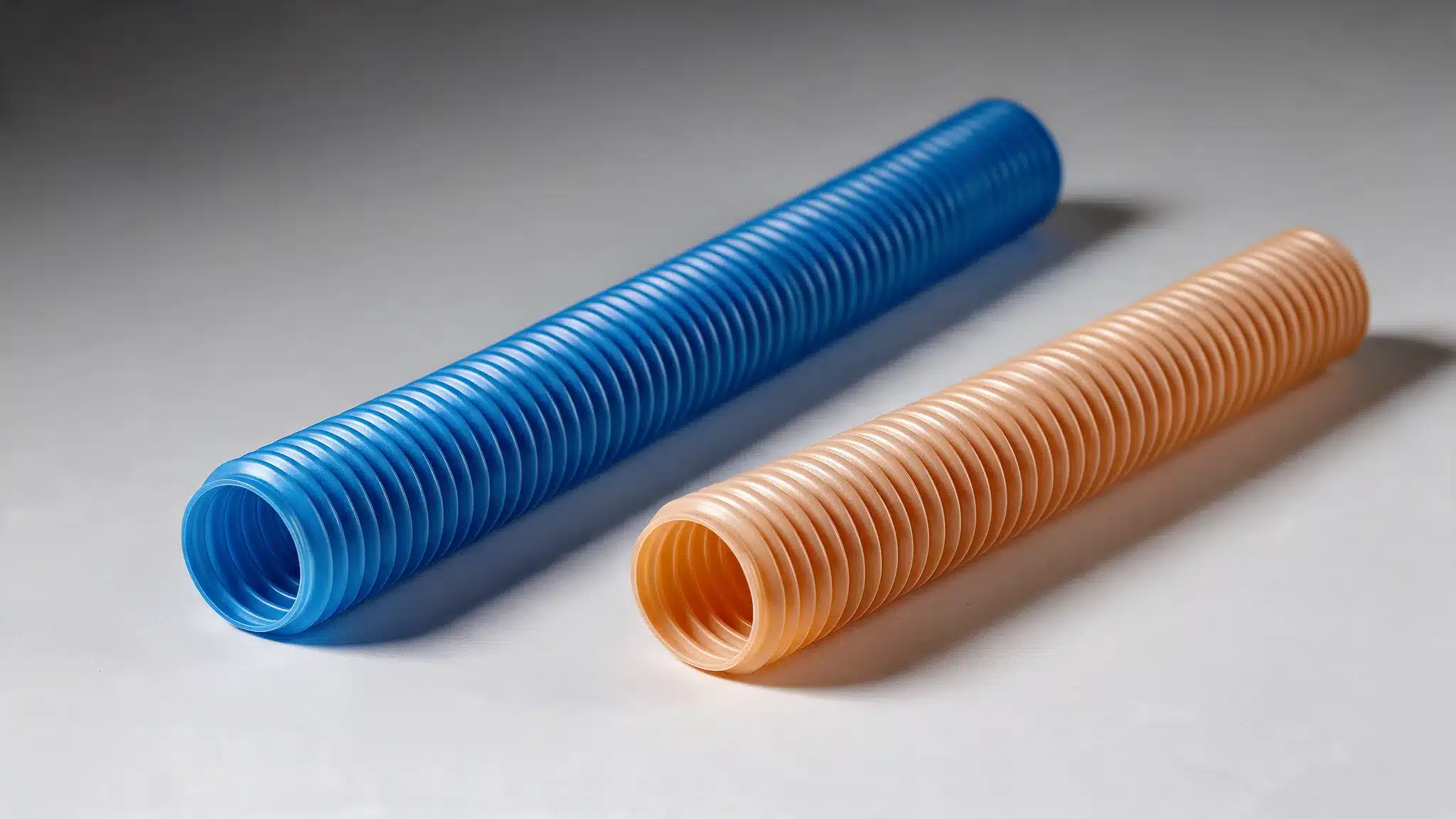 Two corrugated plastic tubes, one blue and one orange, lie diagonally on a light surface with their open ends facing the viewer.