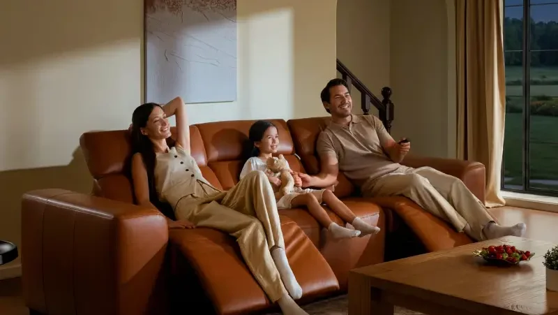 Family relaxing on brown leather sectional sofa in cozy living room with large window