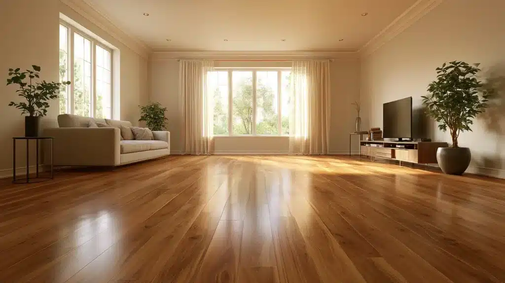 Bright living room with hardwood floors, a beige sofa, large windows with curtains, potted plants, and a television on a low console.