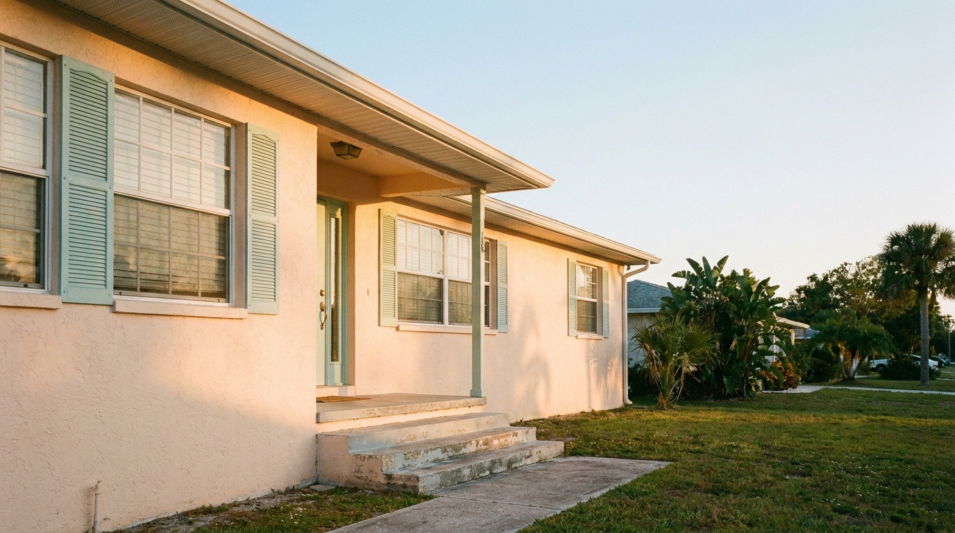 Single-story beige house with blue shutters and porch in a suburban setting at sunset
