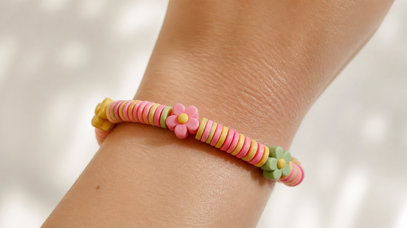 A woman's wrist adorned with a vibrant flower-themed clay bead bracelet in various colors.